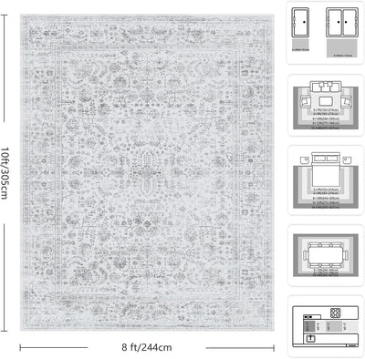 Alfombra área 8x10ft floral retro lavable antideslizante gris