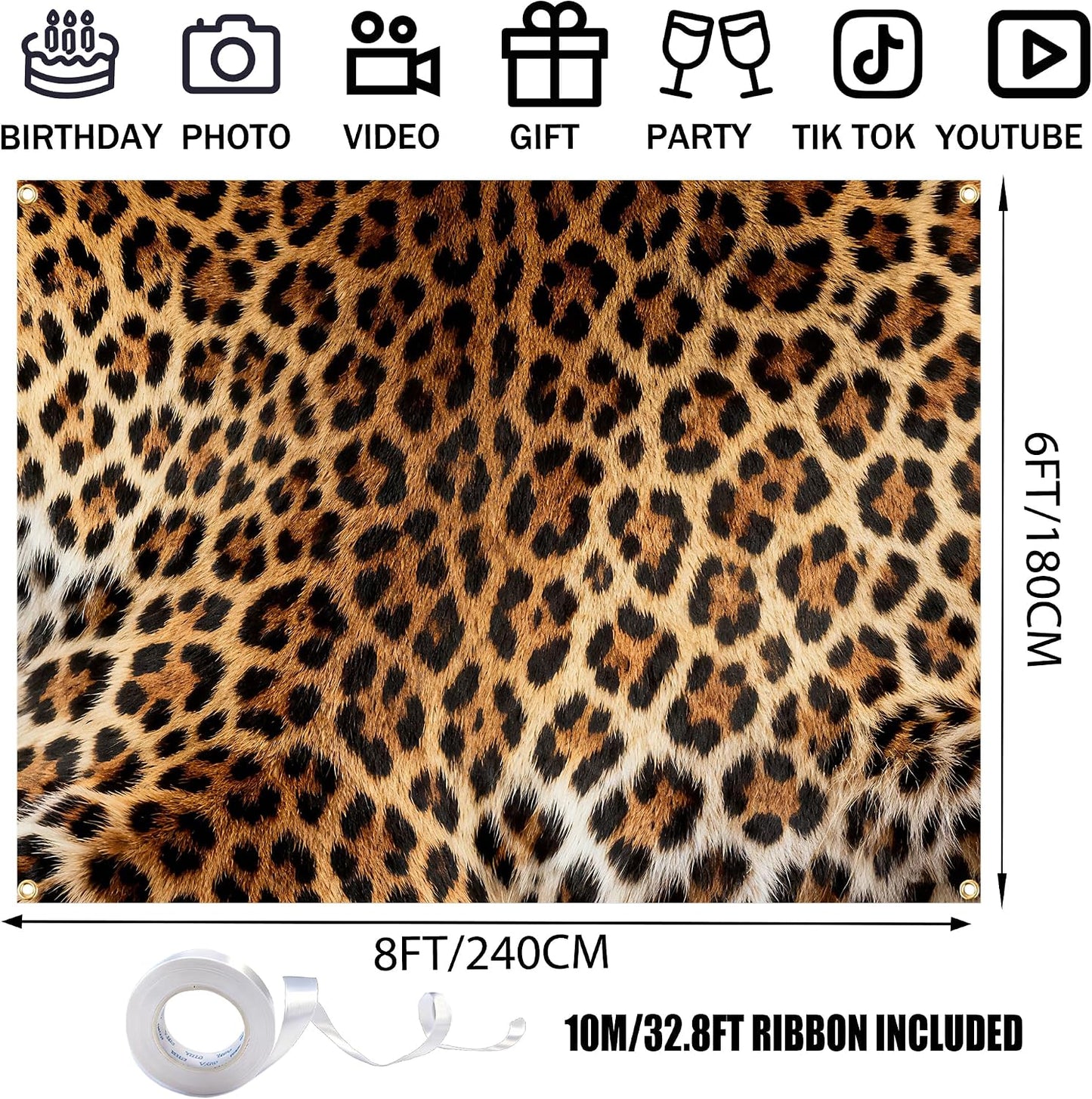 Telón fondo leopardo 8x6ft cinta 32.8ft costuras reforzadas