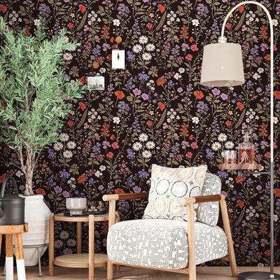 Papel tapiz floral negro autoadhesivo 17.5x78.7pulg