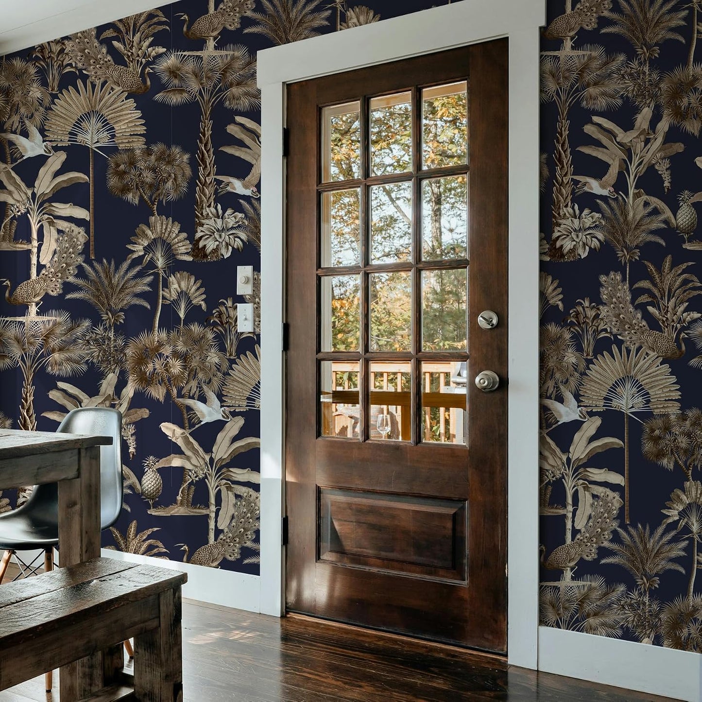 Papel tapiz palmeras pavo real azul marino autoadhesivo sala
