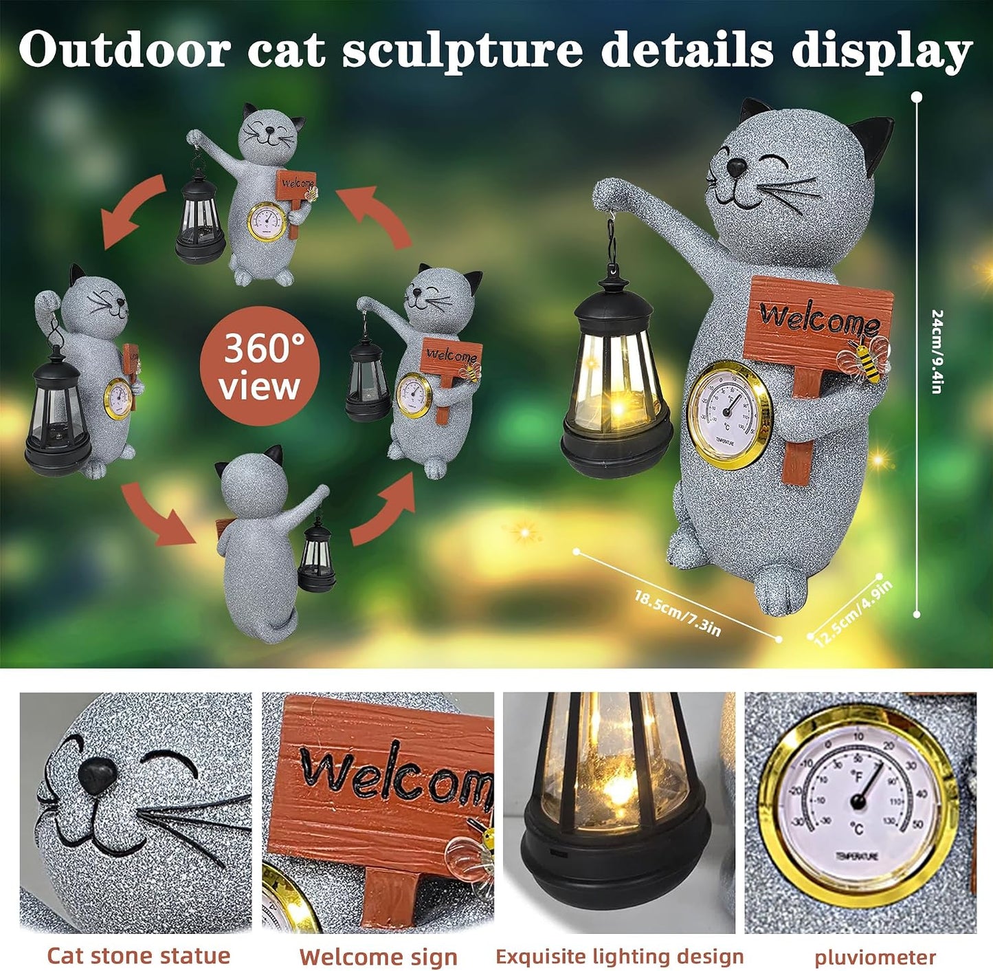 Estatuas solares gato jardín termómetro linterna decoración