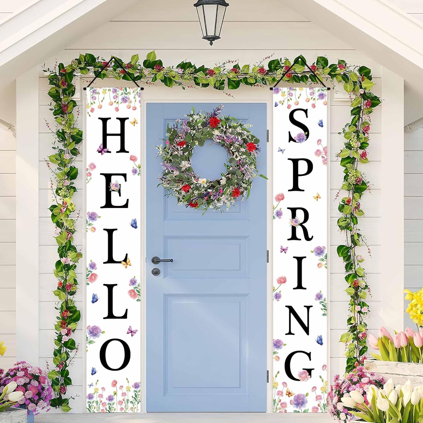 Letrero porche Hello Spring decorativo floral