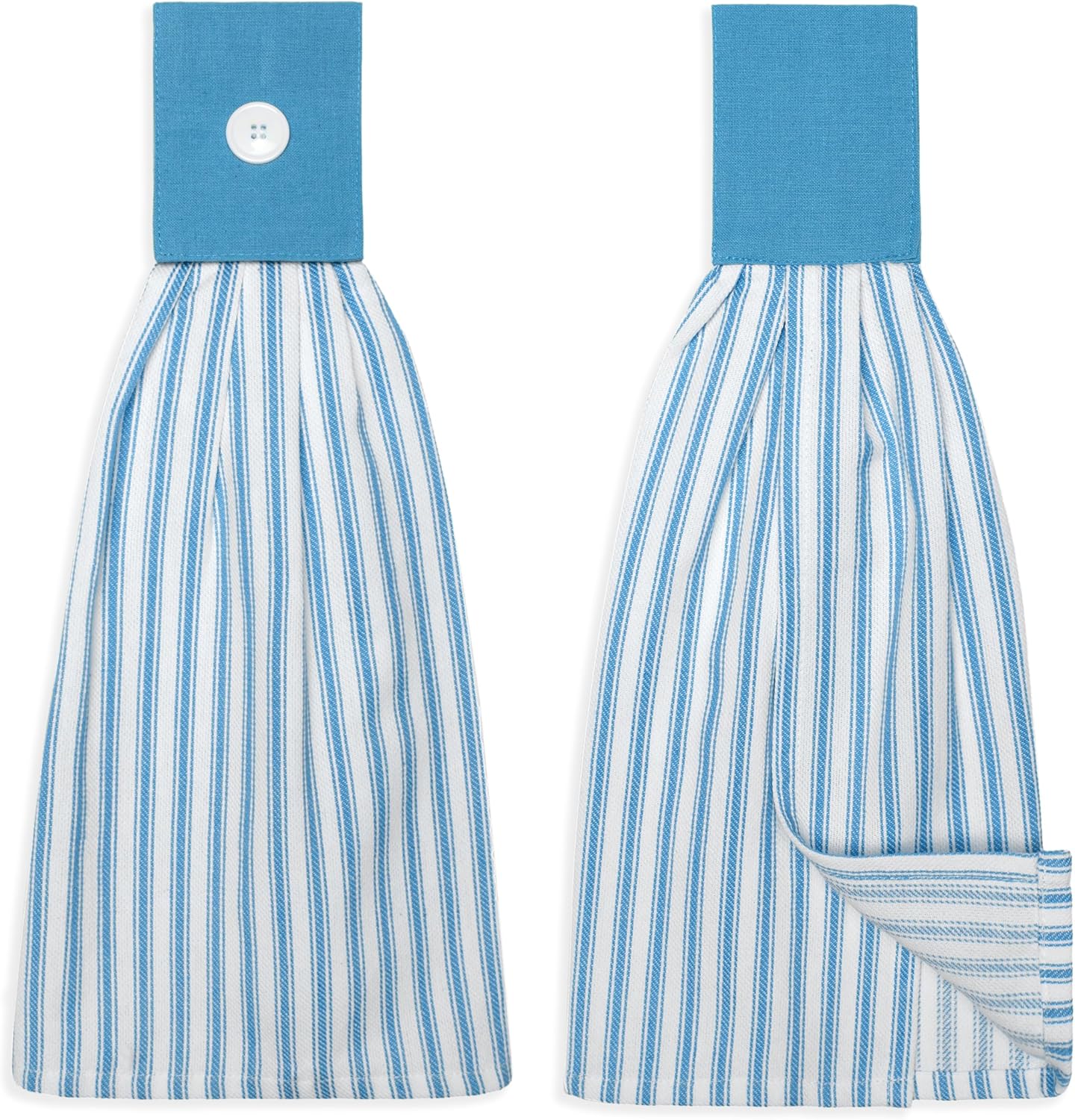 Toalla de mano de cocina Alaska azul y blanco rayas punto colgante con botón juego de 2