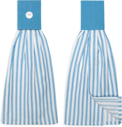 Toalla de mano de cocina Alaska azul y blanco rayas punto colgante con botón juego de 2