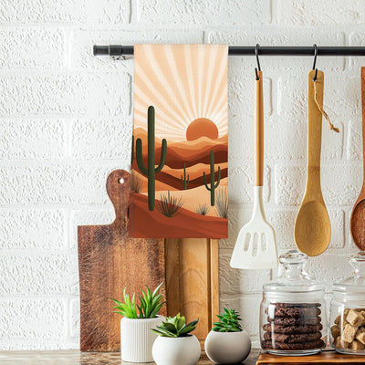 Toallas de cocina boho occidental con diseño de cactus y paisaje del suroeste