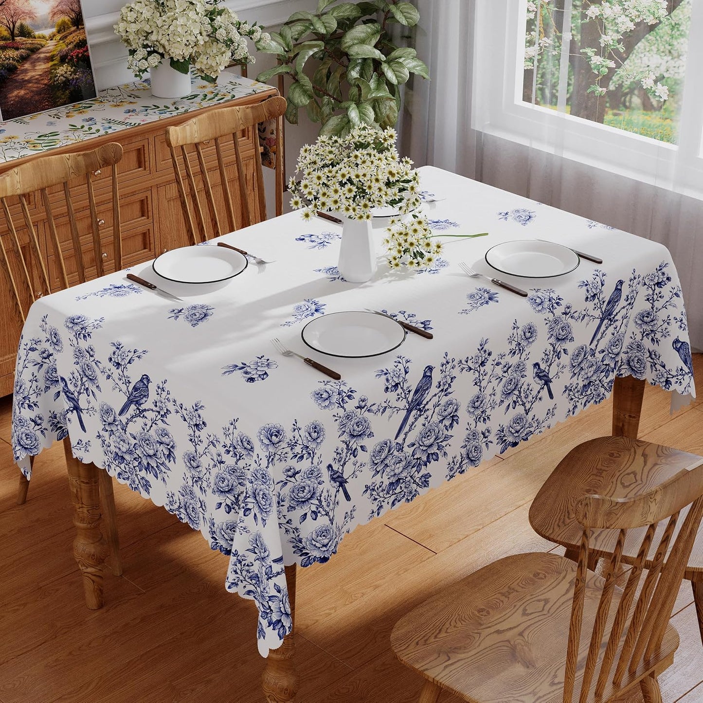 Mantel rectangular primaveral 60x84 pulgadas azul floral lavable impermeable