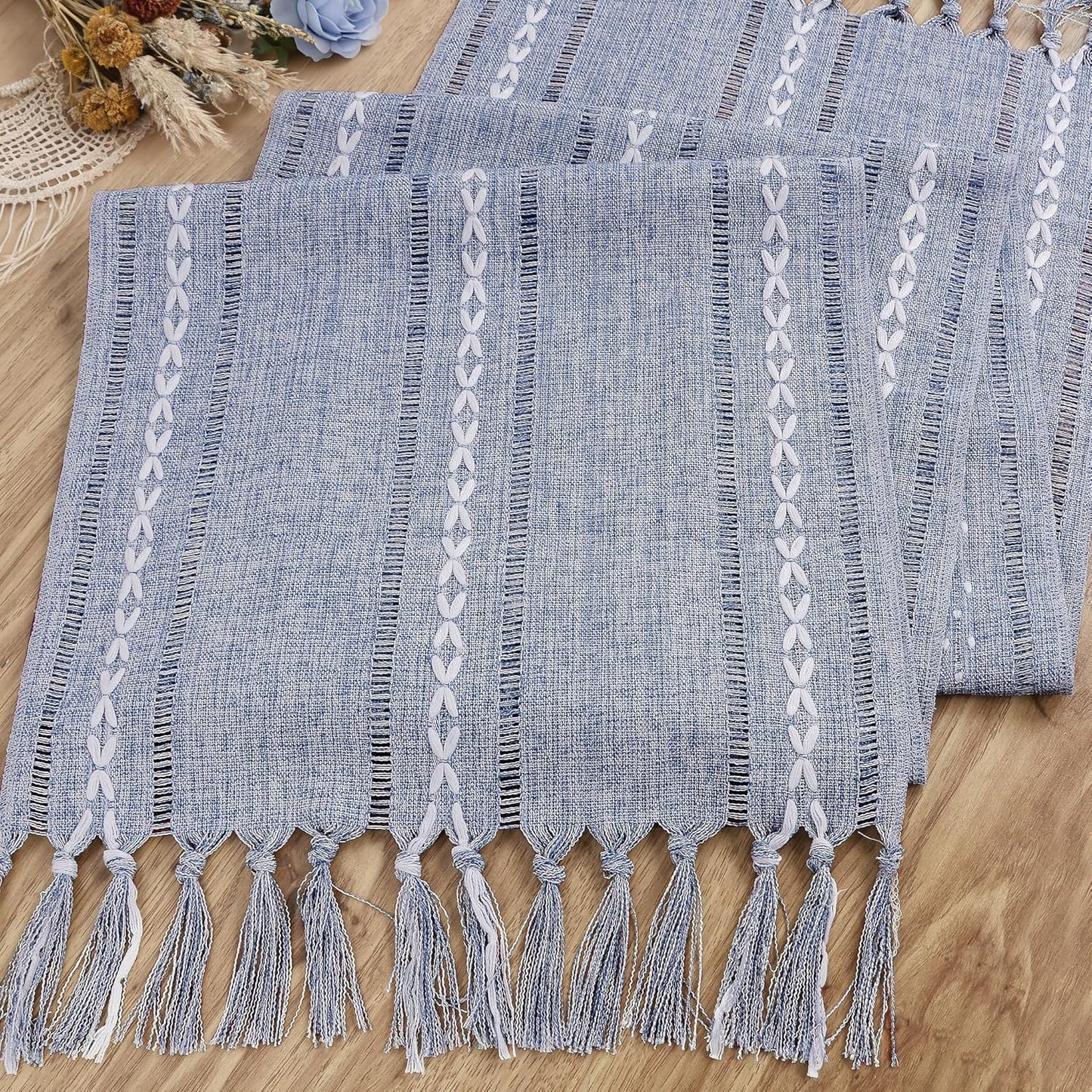 Mesa Camino Azul Polvoriento 15x72pulg Algodón Lino