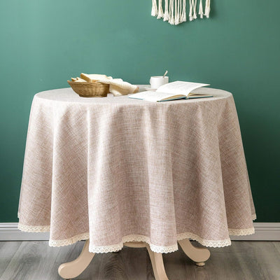 Mantel de lino rústico de arpillera lavable 108 pulgadas con borde de encaje