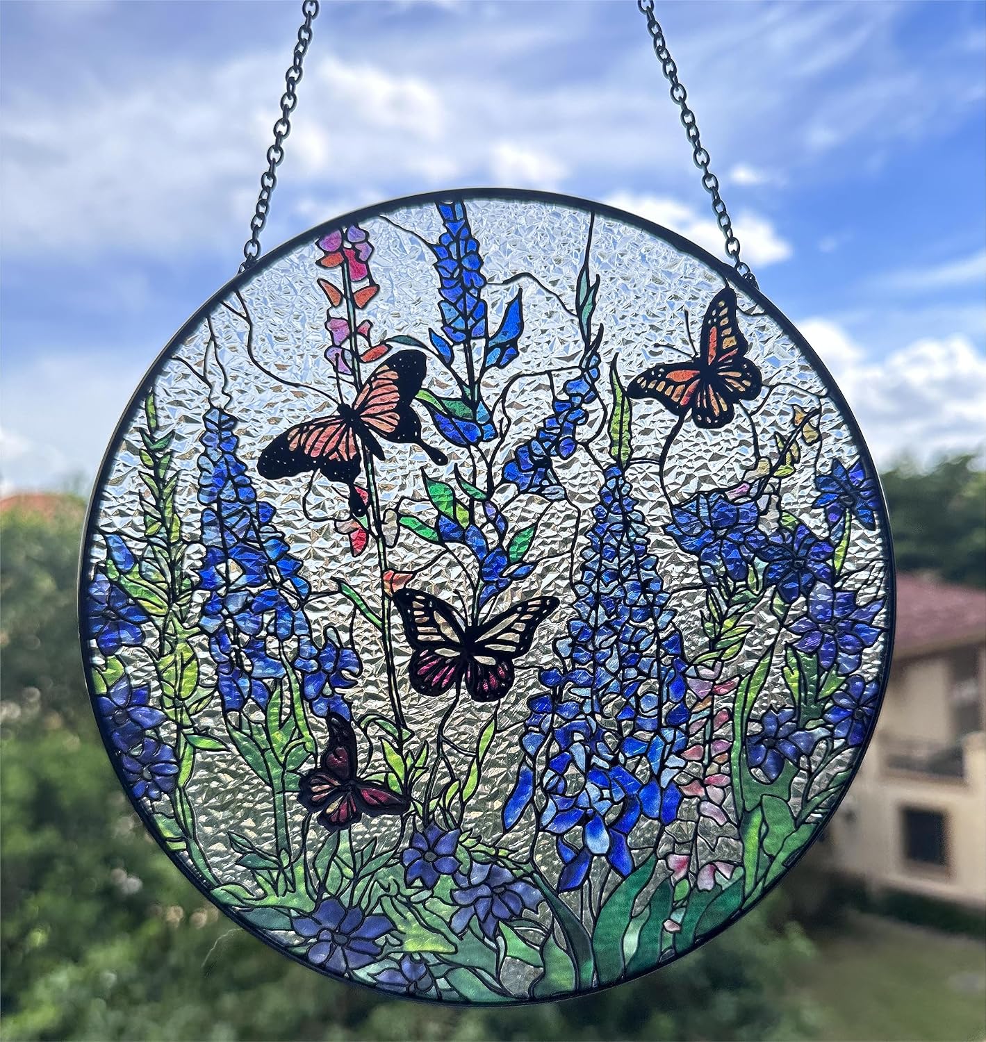 Atrapasoles mariposa monarca lavanda vitral 7.8pulg