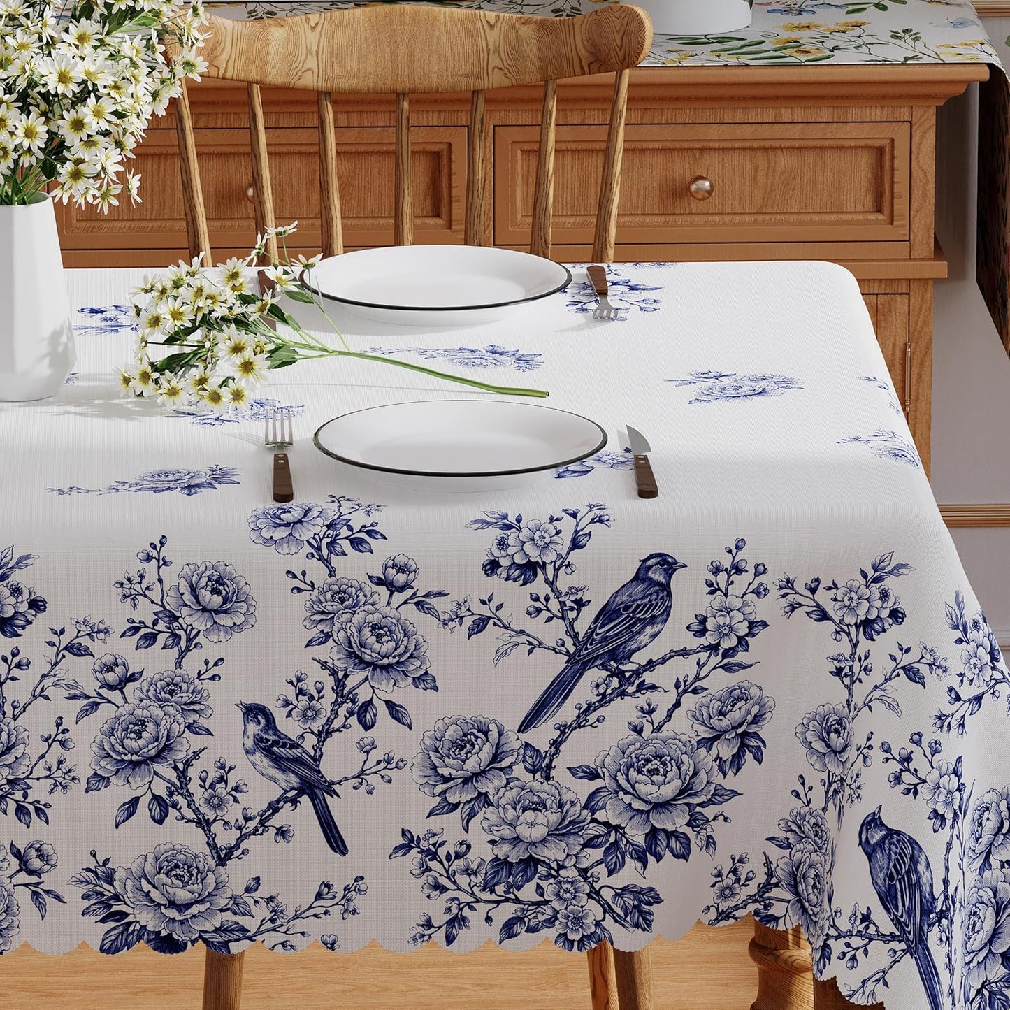 Mantel rectangular primaveral 60x84 pulgadas azul floral lavable impermeable