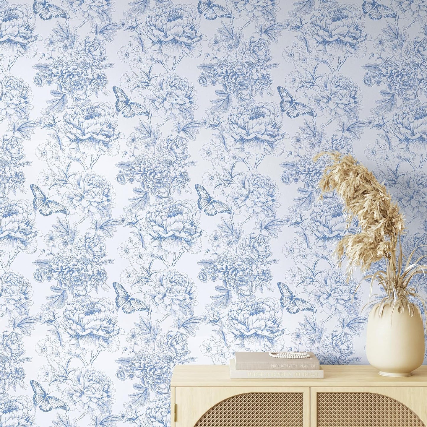 Papel tapiz vintage floral azul y blanco 15.7x118pulg autoadhesivo