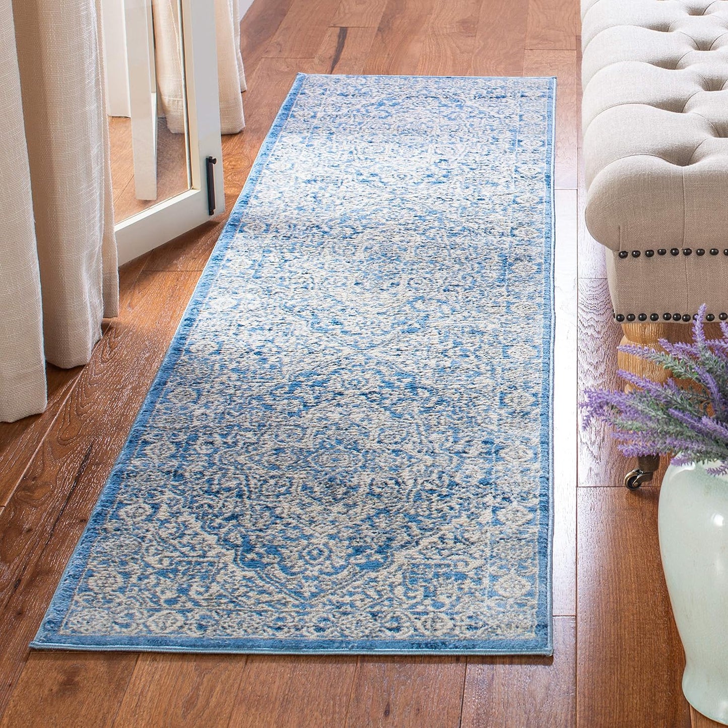 Alfombra pasillo 2ft6x22ft marfil y azul marino no pelusa
