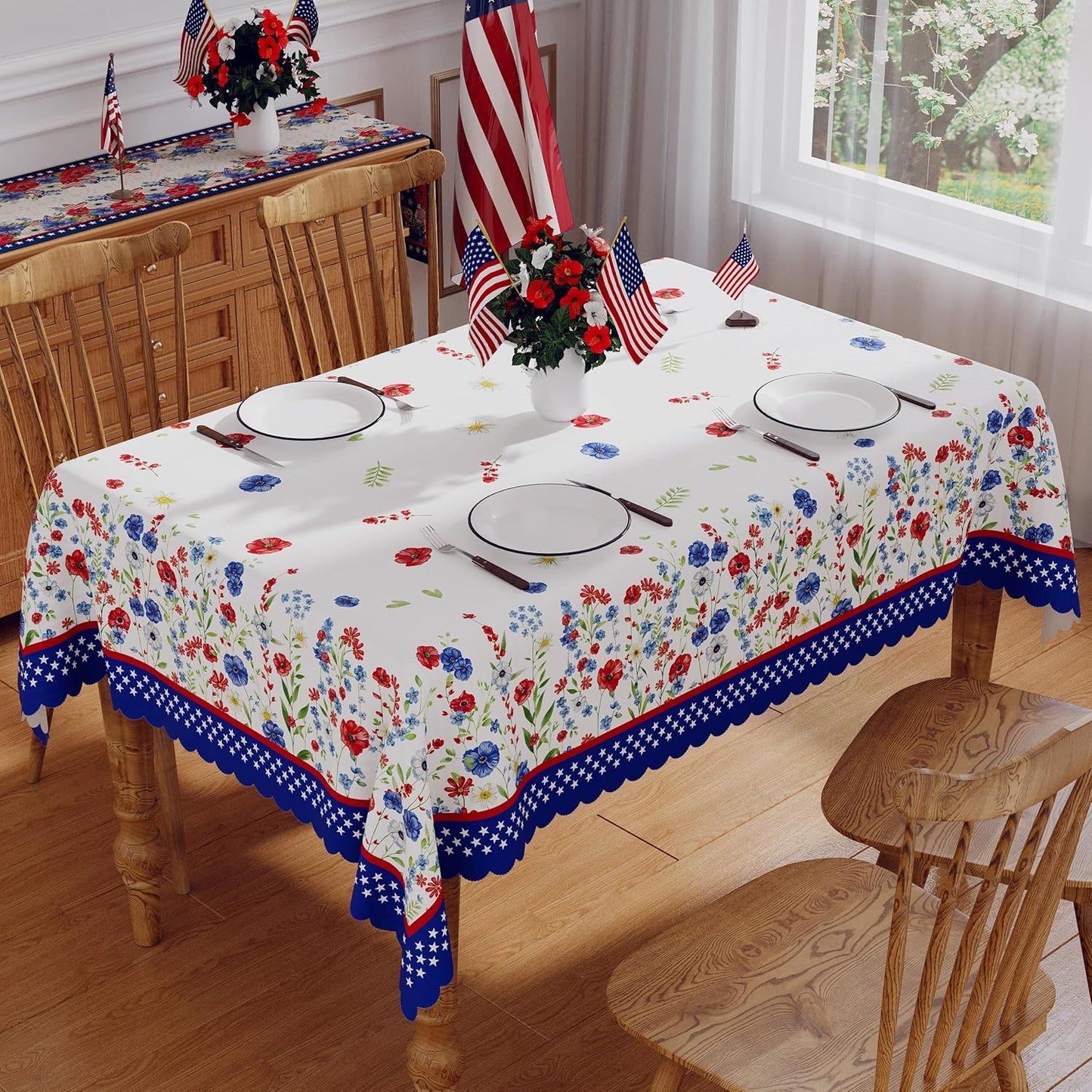 Manteles patrióticos para mesa 60x84 pulgadas con motivos florales azul rojo
