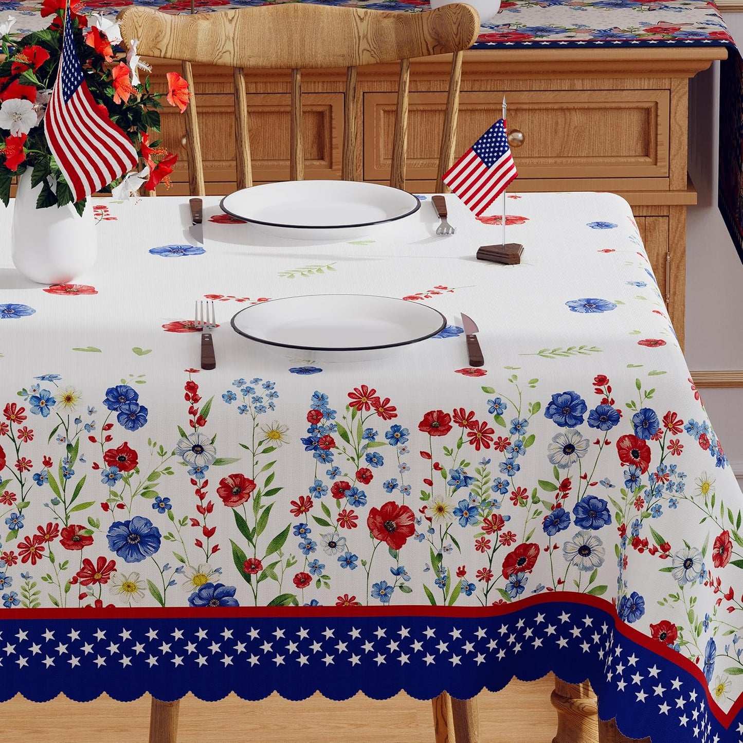Manteles patrióticos para mesa 60x84 pulgadas con motivos florales azul rojo