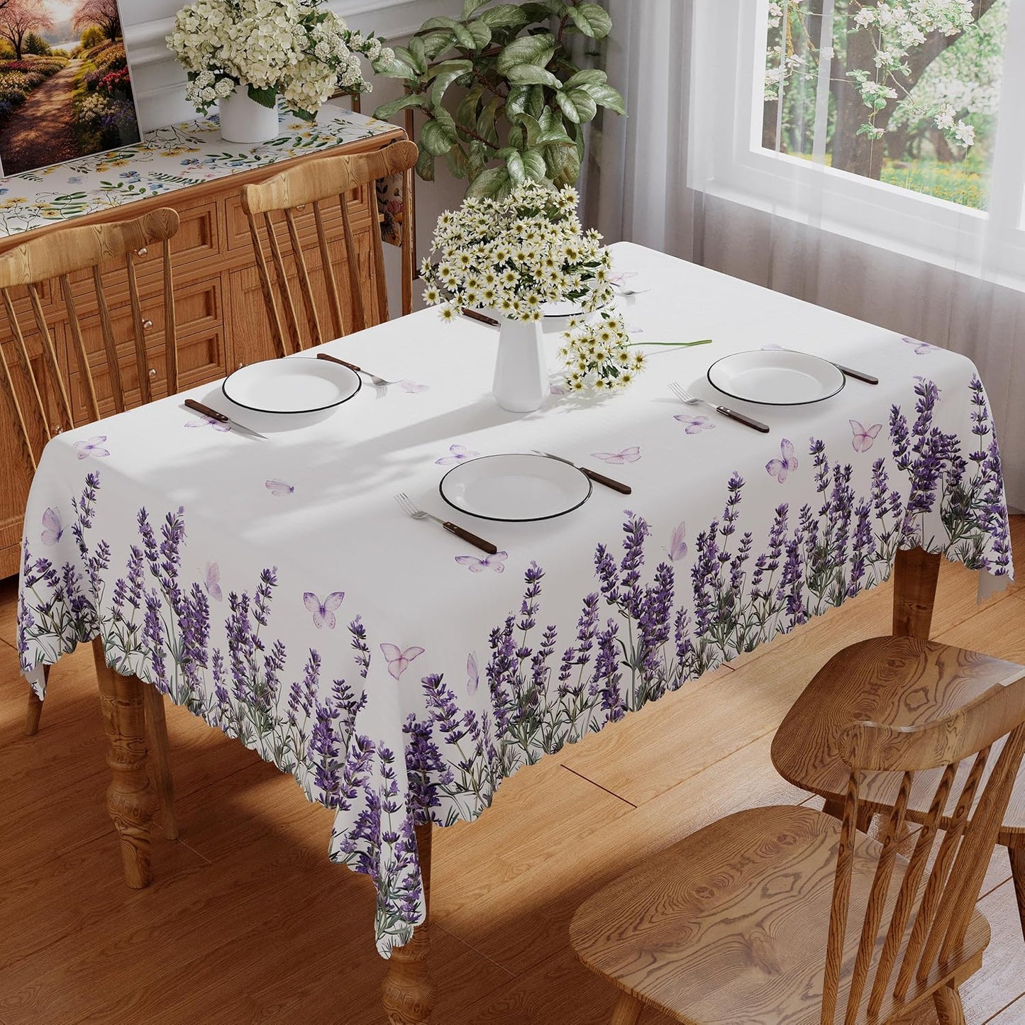Mantel rectangular primavera 52x70 pulgadas con mariposas lavanda acuarela