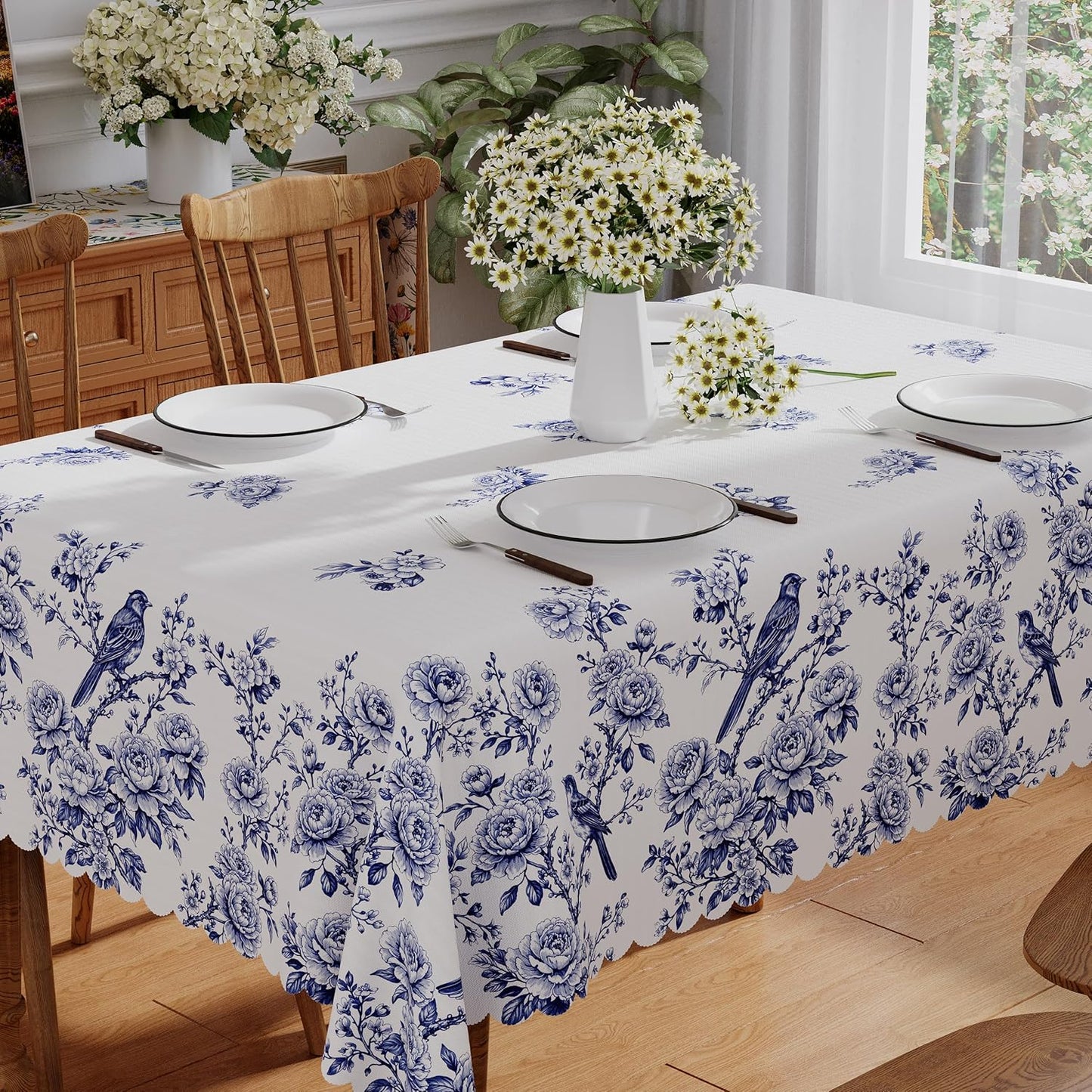 Mantel rectangular primaveral 60x84 pulgadas azul floral lavable impermeable